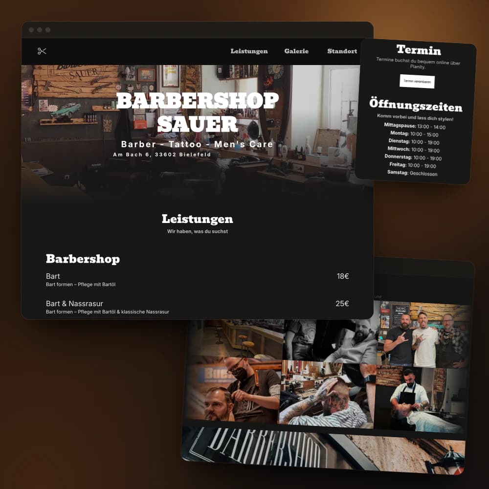 Der Körperschmied, Barbershop Sauer: Website von STIG MEDIA, gezeigt als Zusammenstellung mehrerer Seiten