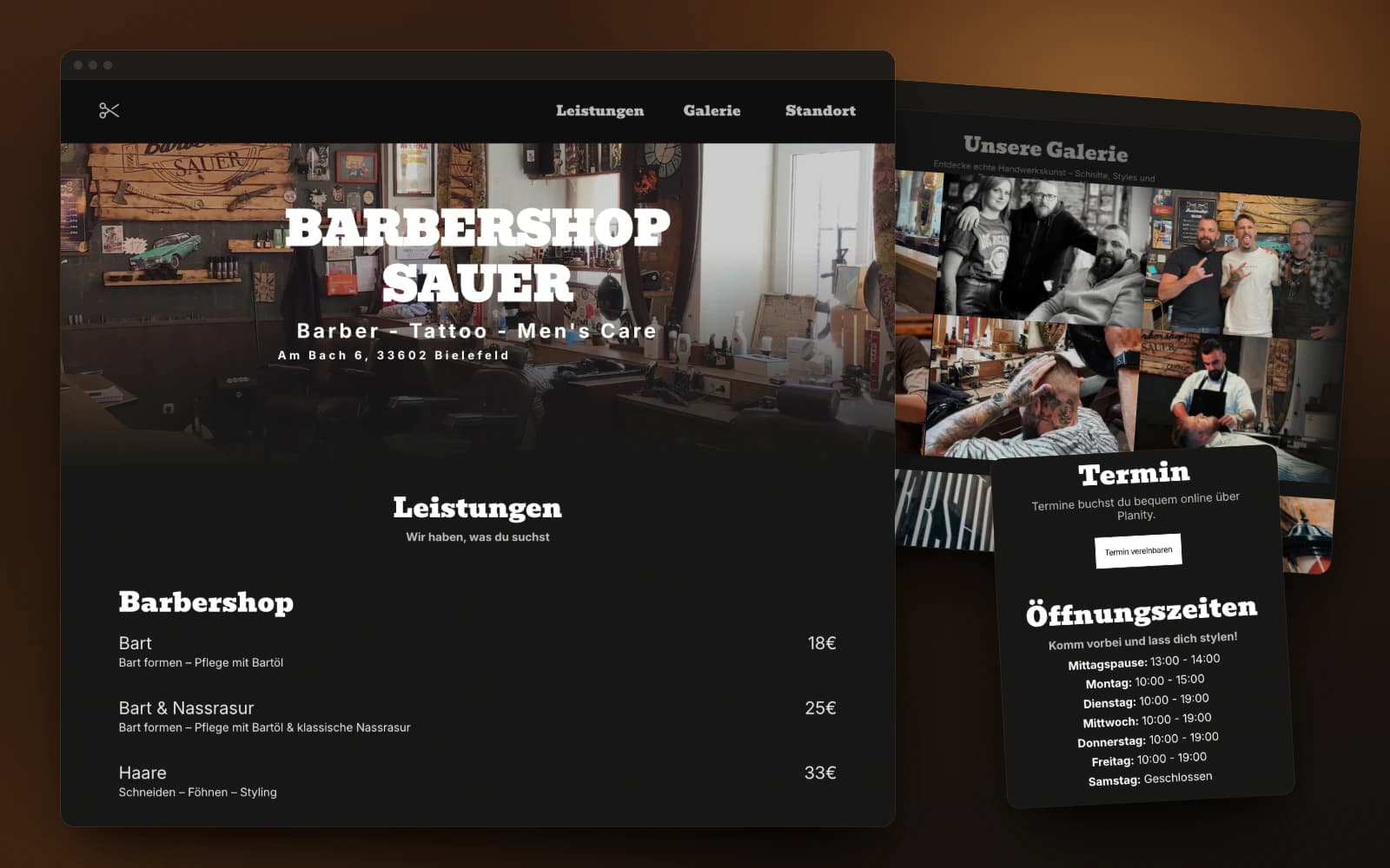 Website für Der Körperschmied, Barbershop Sauer, mehrere Ansichten der Seite