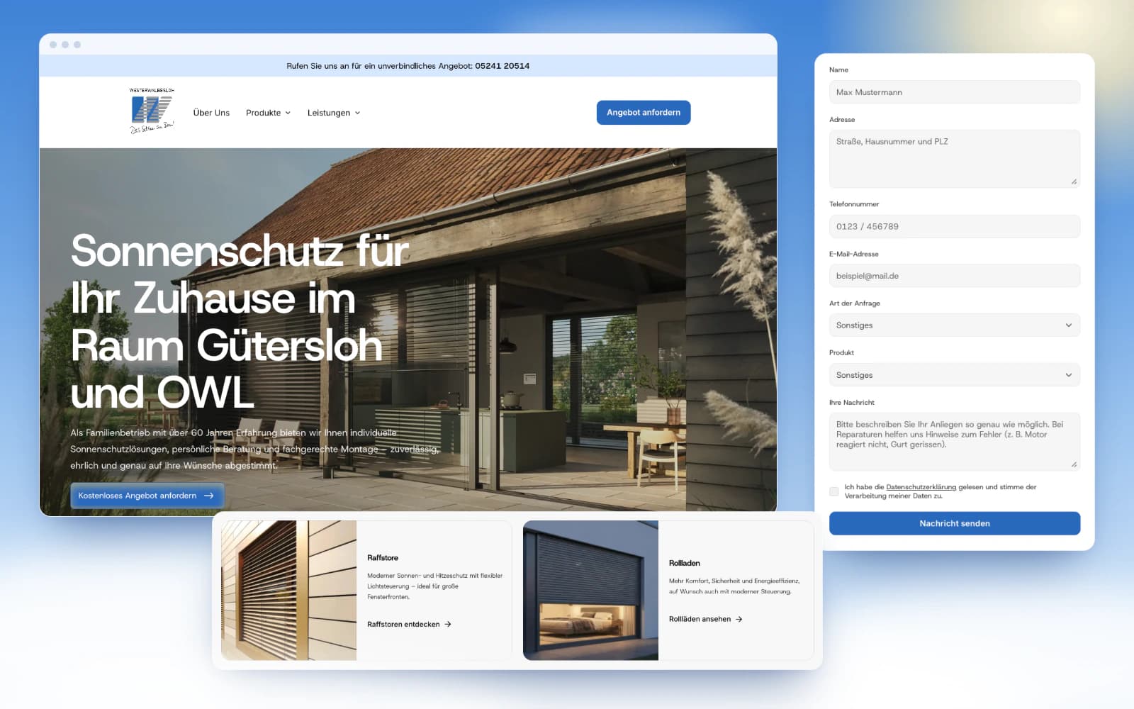 Website für Sonnenschutz Westerwalbesloh, mehrere Ansichten der Seite